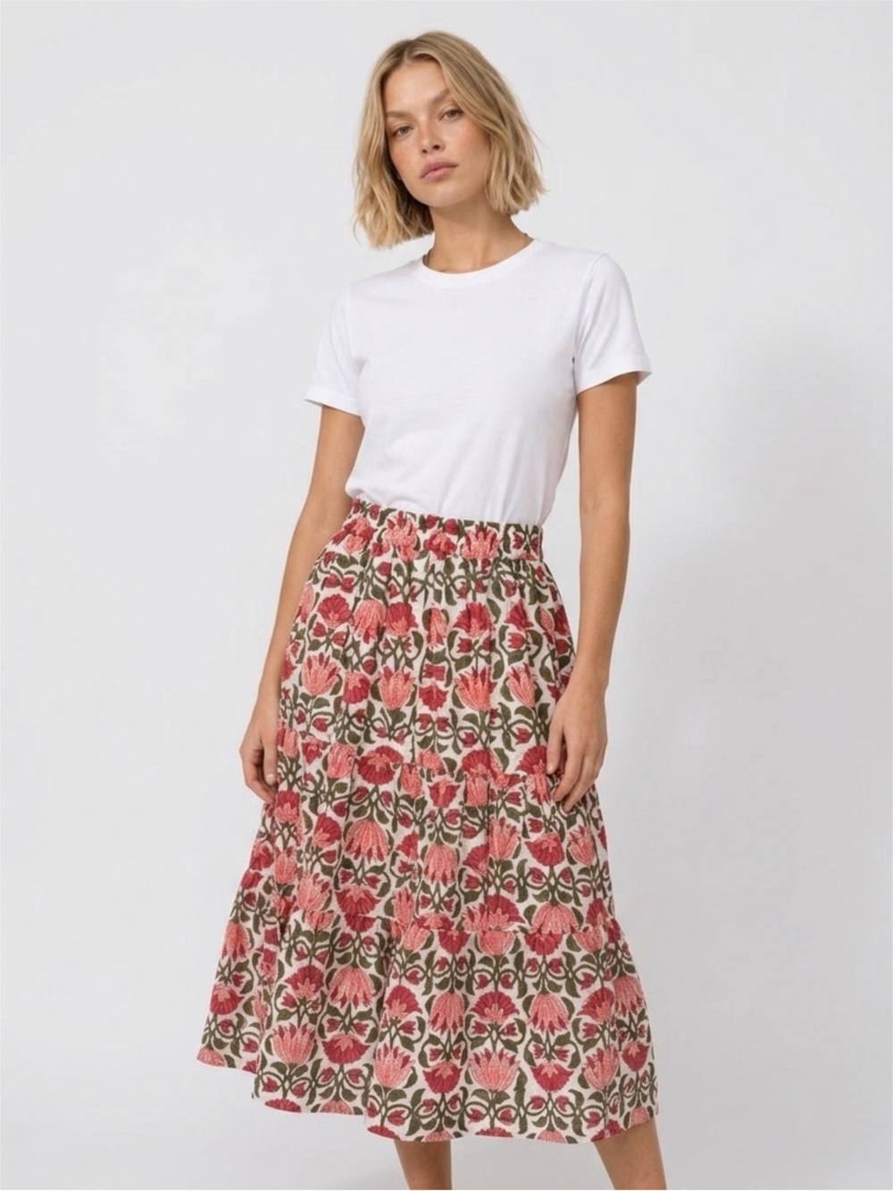 Amazon Floral Tiered Midi Skirt in Red and Green